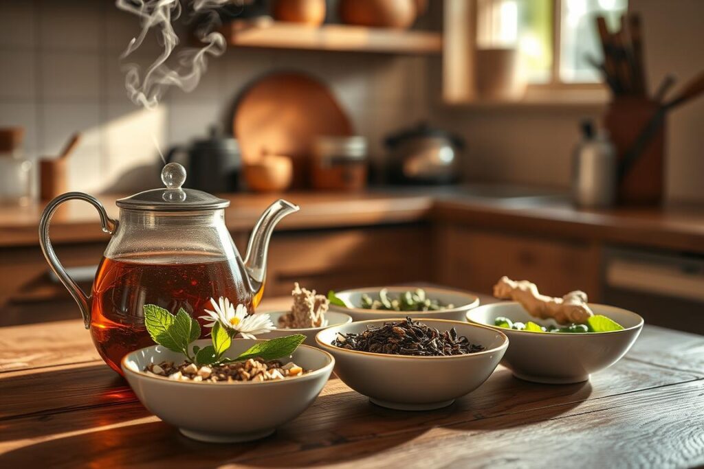 Una acogedora escena de cocina con una tetera humeante y una selección de infusiones sobre una mesa rústica de madera. La tetera está colocada en primer plano y su vapor se eleva grácilmente sobre un fondo suavemente iluminado. En el centro, en elegantes cuencos de cerámica, se exponen distintas variedades de té, como manzanilla, menta y jengibre. La iluminación, cálida y natural, crea un ambiente tranquilo y relajante. La composición general subraya la importancia de la preparación adecuada del té para calmar el malestar estomacal, con especial atención a los distintos ingredientes y métodos de preparación que pueden aliviarlo. Una acogedora escena de cocina con una tetera humeante y una selección de infusiones sobre una mesa rústica de madera. La tetera está colocada en primer plano y su vapor se eleva grácilmente sobre un fondo suavemente iluminado. En el centro, en elegantes cuencos de cerámica, se exponen distintas variedades de té, como manzanilla, menta y jengibre. La iluminación, cálida y natural, crea un ambiente tranquilo y relajante. La composición general subraya la importancia de la preparación adecuada del té para calmar el malestar estomacal, con especial atención a los distintos ingredientes y métodos de preparación que pueden aliviarlo.
