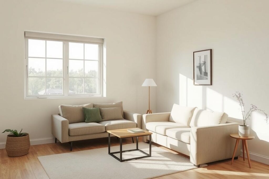 A picture of a room furnished in a minimalist style with a few selected pieces of furniture A picture of a room furnished in a minimalist style with a few selected pieces of furniture