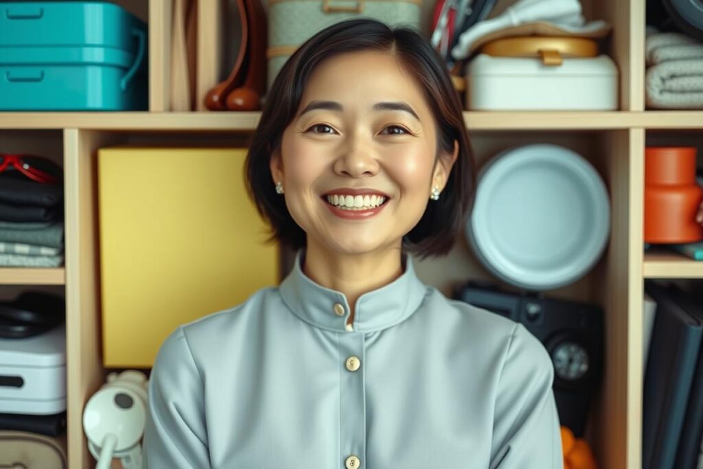 A picture of Marie Kondo with a smile, surrounded by neat and tidy objects A picture of Marie Kondo with a smile, surrounded by neat and tidy objects