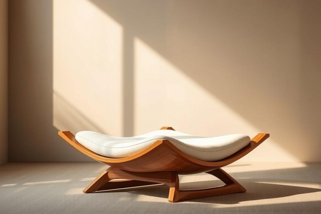 A beautifully crafted meditation seat, its sleek wooden frame supporting a plush, cushioned surface. The seat is positioned in a serene, minimalist setting, with soft, diffused lighting casting a warm glow. The background features a muted, natural palette, perhaps a tranquil garden or a cozy, sun-dappled room. The angle of the image highlights the ergonomic design, showcasing the subtle curves and contours that provide comfort and support during extended meditation sessions. The overall composition conveys a sense of peace, tranquility, and mindfulness, perfectly capturing the essence of the "Meditationssitz" and its role in the practice of meditation. A beautifully crafted meditation seat, its sleek wooden frame supporting a plush, cushioned surface. The seat is positioned in a serene, minimalist setting, with soft, diffused lighting casting a warm glow. The background features a muted, natural palette, perhaps a tranquil garden or a cozy, sun-dappled room. The angle of the image highlights the ergonomic design, showcasing the subtle curves and contours that provide comfort and support during extended meditation sessions. The overall composition conveys a sense of peace, tranquility, and mindfulness, perfectly capturing the essence of the "Meditationssitz" and its role in the practice of meditation.