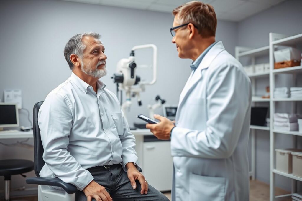 A bright, spacious ophthalmology examination room. In the foreground, a middle-aged patient sits upright, gazing intently at the ophthalmologist who stands before them, wearing a crisp white coat and holding a set of diagnostic tools. The patient's face is illuminated by the soft, even lighting from above, creating a sense of trust and professionalism. In the background, state-of-the-art medical equipment and shelves of carefully organized supplies suggest a well-equipped, modern practice. The scene conveys a sense of care, expertise, and the importance of regular eye examinations for maintaining healthy vision. A bright, spacious ophthalmology examination room. In the foreground, a middle-aged patient sits upright, gazing intently at the ophthalmologist who stands before them, wearing a crisp white coat and holding a set of diagnostic tools. The patient's face is illuminated by the soft, even lighting from above, creating a sense of trust and professionalism. In the background, state-of-the-art medical equipment and shelves of carefully organized supplies suggest a well-equipped, modern practice. The scene conveys a sense of care, expertise, and the importance of regular eye examinations for maintaining healthy vision.