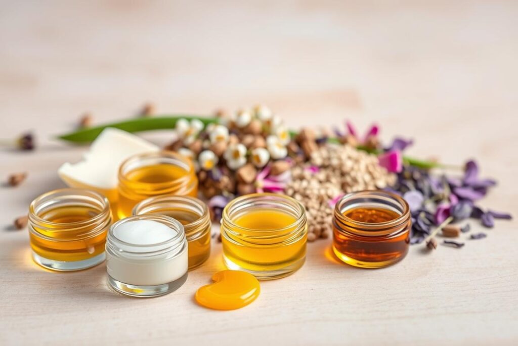 A close-up photograph of various lip care ingredients laid out on a light wooden surface. In the foreground, there are several small glass jars and tubs containing natural oils, butters, and waxes such as shea butter, coconut oil, and beeswax. In the middle ground, there are dried flower petals, herbs, and botanical extracts like chamomile and aloe vera. The background is softly blurred, creating a serene and natural atmosphere. The lighting is soft and diffused, highlighting the textures and colors of the ingredients. The overall mood is one of simplicity, purity, and the natural goodness of these effective lip care components. A close-up photograph of various lip care ingredients laid out on a light wooden surface. In the foreground, there are several small glass jars and tubs containing natural oils, butters, and waxes such as shea butter, coconut oil, and beeswax. In the middle ground, there are dried flower petals, herbs, and botanical extracts like chamomile and aloe vera. The background is softly blurred, creating a serene and natural atmosphere. The lighting is soft and diffused, highlighting the textures and colors of the ingredients. The overall mood is one of simplicity, purity, and the natural goodness of these effective lip care components.