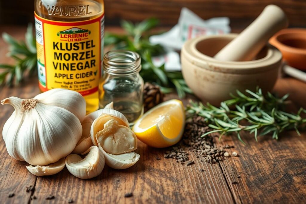 A close-up photograph of various natural remedies for treating warts, showcased on a rustic wooden surface. In the foreground, prominent are sliced garlic cloves, a bottle of apple cider vinegar, and a small jar of castor oil. In the middle ground, a pestle and mortar grinds together some dried herbs, while a small lemon wedge sits nearby. The background features a scattering of additional natural items such as sprigs of rosemary, tea bags, and a small earthenware bowl. The lighting is soft and natural, highlighting the textures and colors of the homemade remedies. The overall mood is one of simple, effective solutions for a common skin condition. A close-up photograph of various natural remedies for treating warts, showcased on a rustic wooden surface. In the foreground, prominent are sliced garlic cloves, a bottle of apple cider vinegar, and a small jar of castor oil. In the middle ground, a pestle and mortar grinds together some dried herbs, while a small lemon wedge sits nearby. The background features a scattering of additional natural items such as sprigs of rosemary, tea bags, and a small earthenware bowl. The lighting is soft and natural, highlighting the textures and colors of the homemade remedies. The overall mood is one of simple, effective solutions for a common skin condition.