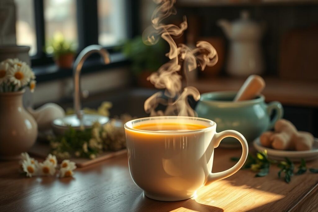 A cozy, well-lit kitchen scene with a steaming mug of herbal tea taking center stage. The tea's surface gently ripples, casting warm reflections on the surrounding ceramic and wooden surfaces. In the background, a collection of soothing herbal ingredients such as chamomile, fennel, and ginger are neatly arranged, suggesting their restorative properties. The overall atmosphere is one of tranquility and comfort, inviting the viewer to indulge in the soothing ritual of drinking a calming tea to alleviate the discomfort of heartburn. A cozy, well-lit kitchen scene with a steaming mug of herbal tea taking center stage. The tea's surface gently ripples, casting warm reflections on the surrounding ceramic and wooden surfaces. In the background, a collection of soothing herbal ingredients such as chamomile, fennel, and ginger are neatly arranged, suggesting their restorative properties. The overall atmosphere is one of tranquility and comfort, inviting the viewer to indulge in the soothing ritual of drinking a calming tea to alleviate the discomfort of heartburn.