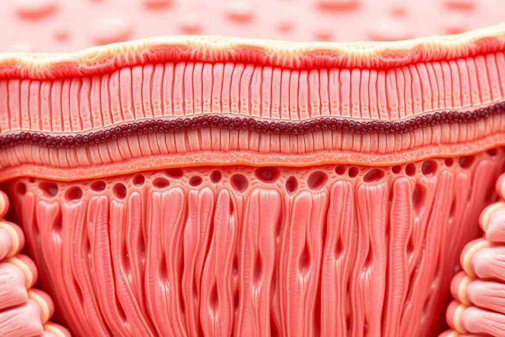 Un corte transversal detallado de la mucosa intestinal humana, que muestra las intrincadas capas que componen el revestimiento protector del intestino. El primer plano muestra el delicado epitelio con vellosidades, repleto de células caliciformes y enterocitos absorbentes. En el plano medio se aprecia la lámina propia, con su densa red de vasos sanguíneos, folículos linfoides y células inmunitarias. El fondo muestra las capas musculares de la pared intestinal, que ofrecen soporte estructural y facilitan el peristaltismo. Representado en una paleta de colores cálida y naturalista, con una iluminación suave para acentuar las complejidades de esta barrera biológica vital. Captada con un objetivo macro de alta resolución para revelar los detalles a microescala de este “escudo protector natural” contra los invasores. Un corte transversal detallado de la mucosa intestinal humana, que muestra las intrincadas capas que componen el revestimiento protector del intestino. El primer plano muestra el delicado epitelio con vellosidades, repleto de células caliciformes y enterocitos absorbentes. En el plano medio se aprecia la lámina propia, con su densa red de vasos sanguíneos, folículos linfoides y células inmunitarias. El fondo muestra las capas musculares de la pared intestinal, que ofrecen soporte estructural y facilitan el peristaltismo. Representado en una paleta de colores cálida y naturalista, con una iluminación suave para acentuar las complejidades de esta barrera biológica vital. Captada con un objetivo macro de alta resolución para revelar los detalles a microescala de este “escudo protector natural” contra los invasores.