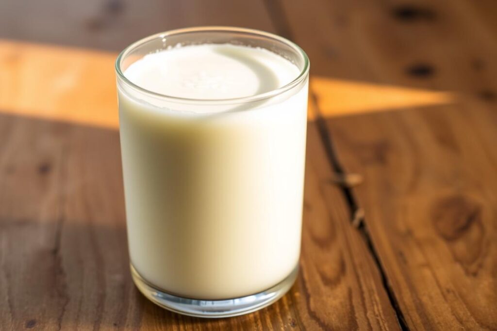 A glass container filled with creamy, slightly carbonated kefir, its surface glistening under warm, natural lighting. In the background, a wooden table with a simple, rustic texture, complementing the dairy product's earthy tones. The overall scene exudes a sense of health, tradition, and the nourishing qualities of this fermented milk beverage, conveying its suitability as a component of a balanced, gut-friendly diet. A glass container filled with creamy, slightly carbonated kefir, its surface glistening under warm, natural lighting. In the background, a wooden table with a simple, rustic texture, complementing the dairy product's earthy tones. The overall scene exudes a sense of health, tradition, and the nourishing qualities of this fermented milk beverage, conveying its suitability as a component of a balanced, gut-friendly diet.