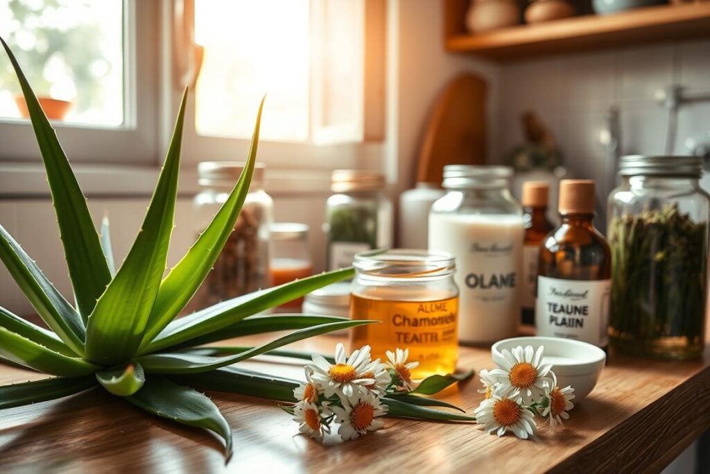 A peaceful kitchen counter filled with natural remedies against sunburn - aloe vera leaves, chamomile tea, and soothing lotions. The light streams in through a nearby window, casting a warm glow on the scene. Jars of herbs and essential oils are neatly arranged, conveying a sense of traditional, time-tested remedies. The overall mood is one of tranquility and healing, befitting the topic of "Hausmittel gegen Sonnenbrand". The image captures the simplicity and effectiveness of these time-honored, homemade solutions to soothe sun-damaged skin. A peaceful kitchen counter filled with natural remedies against sunburn - aloe vera leaves, chamomile tea, and soothing lotions. The light streams in through a nearby window, casting a warm glow on the scene. Jars of herbs and essential oils are neatly arranged, conveying a sense of traditional, time-tested remedies. The overall mood is one of tranquility and healing, befitting the topic of "Hausmittel gegen Sonnenbrand". The image captures the simplicity and effectiveness of these time-honored, homemade solutions to soothe sun-damaged skin.