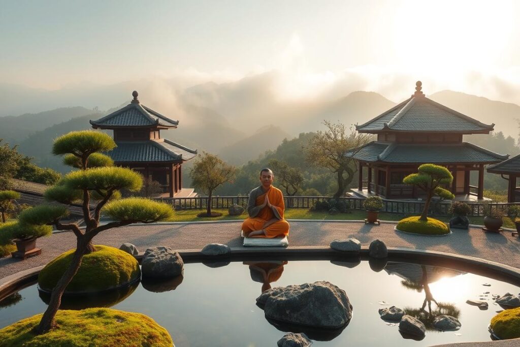 A serene Buddhist temple nestled in a lush, verdant mountainscape. The foreground features a Zen garden with a tranquil pond, surrounded by carefully groomed bonsai trees and moss-covered rocks. In the middle ground, a meditating monk sits cross-legged on a cushion, hands in a mudra, expression calm and focused. The background depicts rolling hills shrouded in a soft, ethereal mist, with the sun's rays filtering through, creating a warm, contemplative atmosphere. The scene is shot with a wide-angle lens, capturing the depth and grandeur of the setting, while maintaining a sense of intimacy and introspection. A serene Buddhist temple nestled in a lush, verdant mountainscape. The foreground features a Zen garden with a tranquil pond, surrounded by carefully groomed bonsai trees and moss-covered rocks. In the middle ground, a meditating monk sits cross-legged on a cushion, hands in a mudra, expression calm and focused. The background depicts rolling hills shrouded in a soft, ethereal mist, with the sun's rays filtering through, creating a warm, contemplative atmosphere. The scene is shot with a wide-angle lens, capturing the depth and grandeur of the setting, while maintaining a sense of intimacy and introspection.