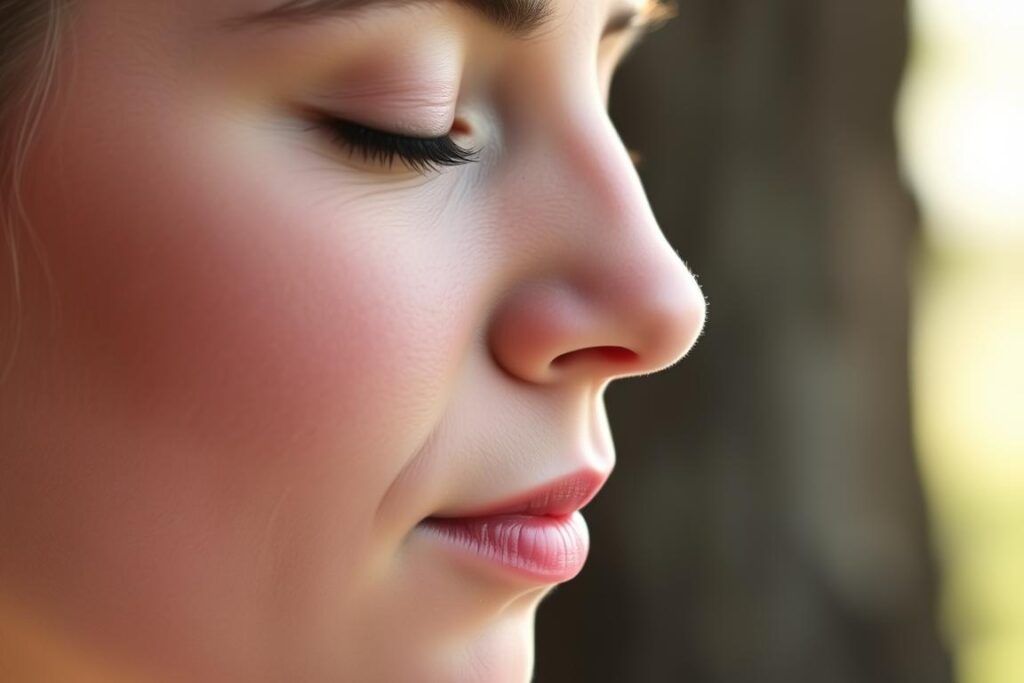 Un sereno retrato en primer plano del rostro de una persona, con los ojos cerrados, con una suave iluminación natural lateral. El rostro tiene una expresión pacífica y contemplativa, los labios ligeramente entreabiertos mientras exhala lentamente una respiración larga y constante. El fondo es un entorno natural borroso y desenfocado, que sugiere un ambiente de meditación al aire libre. La composición es equilibrada y el rostro ocupa la mayor parte del encuadre, creando un ambiente íntimo e introspectivo. La atmósfera general es de tranquilidad, concentración y respiración consciente. Un sereno retrato en primer plano del rostro de una persona, con los ojos cerrados, con una suave iluminación natural lateral. El rostro tiene una expresión pacífica y contemplativa, los labios ligeramente entreabiertos mientras exhala lentamente una respiración larga y constante. El fondo es un entorno natural borroso y desenfocado, que sugiere un ambiente de meditación al aire libre. La composición es equilibrada y el rostro ocupa la mayor parte del encuadre, creando un ambiente íntimo e introspectivo. La atmósfera general es de tranquilidad, concentración y respiración consciente.