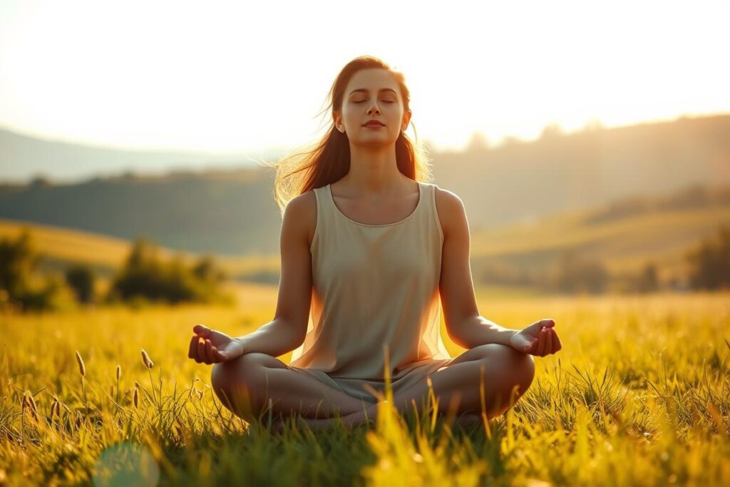 Une figure sereine et contemplative est assise dans un champ tranquille et ensoleillé, son visage dégageant un sentiment de paix intérieure et d « élévation émotionnelle. La lumière douce et diffuse diffuse une lueur chaude et dorée, créant une atmosphère de calme apaisant. En arrière-plan, un paysage doucement ondulant se déroule, avec des collines roulantes et un feuillage verdoyant et luxuriant. Les yeux fermés et la posture méditative de la figure évoquent un état d'introspection profonde, suggérant les effets psychologiques et émotionnels de la jeûne. Des détails subtils, tels qu'un murmure de vent jouant avec les vêtements du personnage, ajoutent à la sensation générale de sérénité et d » élévation spirituelle. Une figure sereine et contemplative est assise dans un champ tranquille et ensoleillé, son visage dégageant un sentiment de paix intérieure et d « élévation émotionnelle. La lumière douce et diffuse diffuse une lueur chaude et dorée, créant une atmosphère de calme apaisant. En arrière-plan, un paysage doucement ondulant se déroule, avec des collines roulantes et un feuillage verdoyant et luxuriant. Les yeux fermés et la posture méditative de la figure évoquent un état d'introspection profonde, suggérant les effets psychologiques et émotionnels de la jeûne. Des détails subtils, tels qu'un murmure de vent jouant avec les vêtements du personnage, ajoutent à la sensation générale de sérénité et d » élévation spirituelle.
