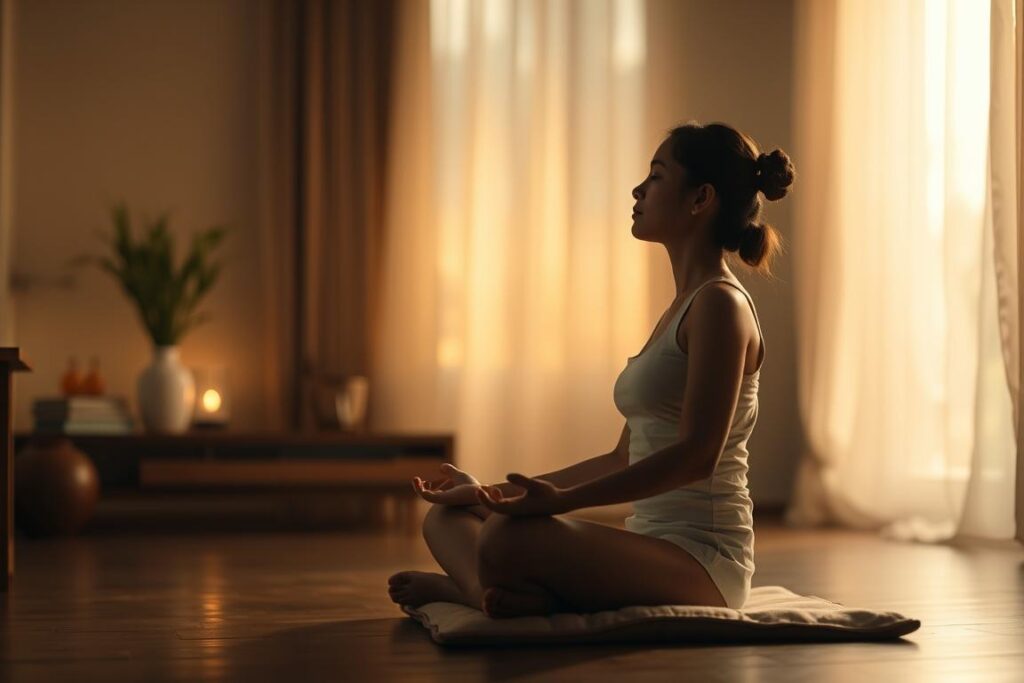 A serene, dimly lit room with warm, soft lighting from a window or lamp. A person sitting cross-legged on a meditation cushion, their eyes closed in deep concentration. The background is hazy, with subtle details like potted plants or a simple altar, creating a calming, introspective atmosphere. The subject's posture is relaxed, their face peaceful, conveying a sense of inner tranquility and stress relief. The scene is captured with a shallow depth of field, gently blurring the foreground and background to focus attention on the meditating figure. The overall tone is one of mindfulness, introspection, and the restorative power of meditation. A serene, dimly lit room with warm, soft lighting from a window or lamp. A person sitting cross-legged on a meditation cushion, their eyes closed in deep concentration. The background is hazy, with subtle details like potted plants or a simple altar, creating a calming, introspective atmosphere. The subject's posture is relaxed, their face peaceful, conveying a sense of inner tranquility and stress relief. The scene is captured with a shallow depth of field, gently blurring the foreground and background to focus attention on the meditating figure. The overall tone is one of mindfulness, introspection, and the restorative power of meditation.