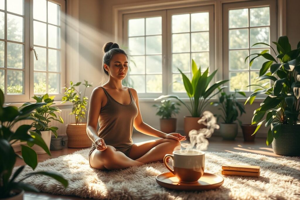 A serene morning meditation scene in a cozy, sun-dappled room. A person sits cross-legged on a plush rug, surrounded by greenery from potted plants. Soft natural light filters in through large windows, casting warm, golden hues. The atmosphere is tranquil, with a sense of inner calm and focus. Gentle wisps of steam rise from a steaming mug of tea on a low wooden table nearby. The pose is relaxed yet attentive, the expression peaceful and centered. The overall mood is one of mindfulness, balance, and a grounded connection to the present moment. A serene morning meditation scene in a cozy, sun-dappled room. A person sits cross-legged on a plush rug, surrounded by greenery from potted plants. Soft natural light filters in through large windows, casting warm, golden hues. The atmosphere is tranquil, with a sense of inner calm and focus. Gentle wisps of steam rise from a steaming mug of tea on a low wooden table nearby. The pose is relaxed yet attentive, the expression peaceful and centered. The overall mood is one of mindfulness, balance, and a grounded connection to the present moment.