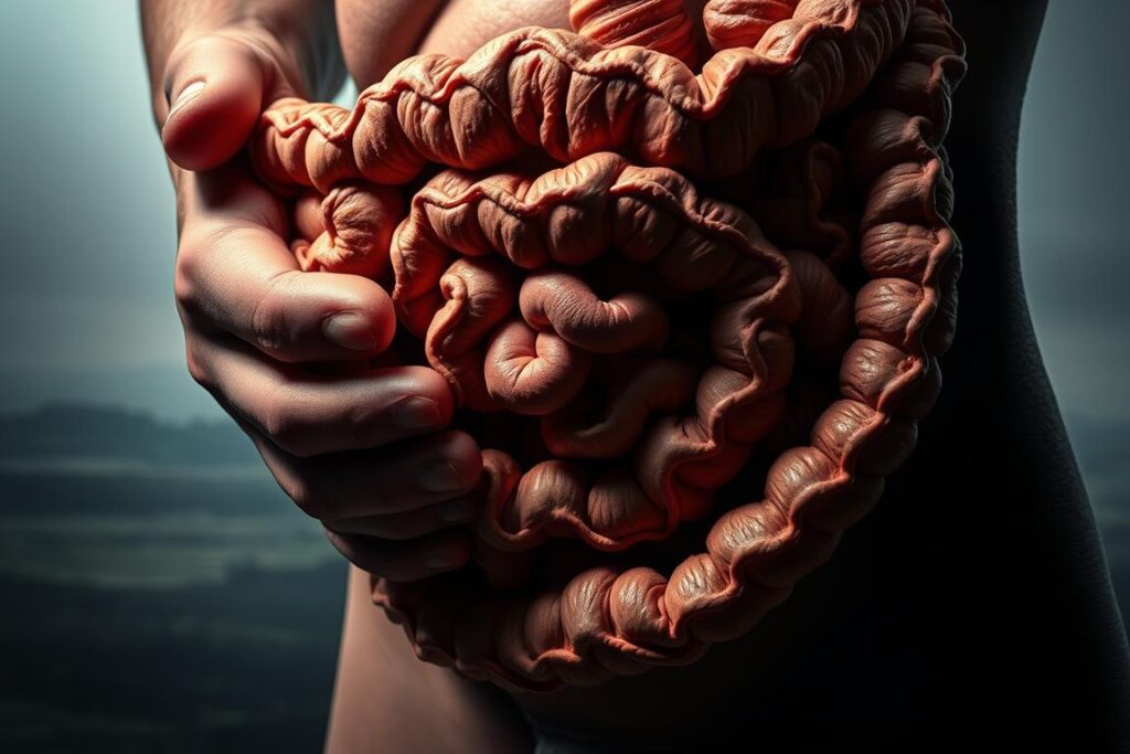 A tightly coiled intestine, rendered in intricate detail, capturing the dynamic interplay between the human digestive system and the effects of stress. The intestinal walls are texturized with subtle hues, conveying a sense of unease and tension. In the foreground, a hand grips the abdomen, metaphorically illustrating the physical manifestation of the stress-gut connection. The middle ground features a serene, muted landscape, evoking a calming counterpoint to the internal turmoil. Dramatic, yet subdued lighting casts shadows that accentuate the complex anatomy, emphasizing the delicate balance between the mind and the body. The overall composition conveys the profound impact that stress can have on the digestive system, inviting the viewer to contemplate the intricate relationship between these two vital aspects of human health.