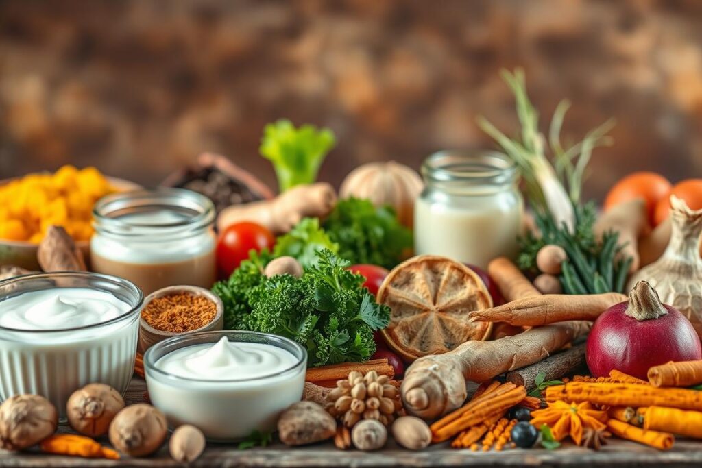 A vibrant close-up of a diverse array of gut-friendly flora, meticulously rendered in a warm, natural lighting. The foreground showcases an assortment of probiotic-rich foods such as yogurt, kefir, and fermented vegetables, arranged in an inviting manner. The middle ground features various digestive herbs and spices, including ginger, turmeric, and fennel, adding depth and complexity to the overall composition. The background gradually fades into a softly blurred, earthy-toned backdrop, creating a sense of depth and balance. The image conveys a sense of nourishment, harmony, and the potential for improved gut health. A vibrant close-up of a diverse array of gut-friendly flora, meticulously rendered in a warm, natural lighting. The foreground showcases an assortment of probiotic-rich foods such as yogurt, kefir, and fermented vegetables, arranged in an inviting manner. The middle ground features various digestive herbs and spices, including ginger, turmeric, and fennel, adding depth and complexity to the overall composition. The background gradually fades into a softly blurred, earthy-toned backdrop, creating a sense of depth and balance. The image conveys a sense of nourishment, harmony, and the potential for improved gut health.