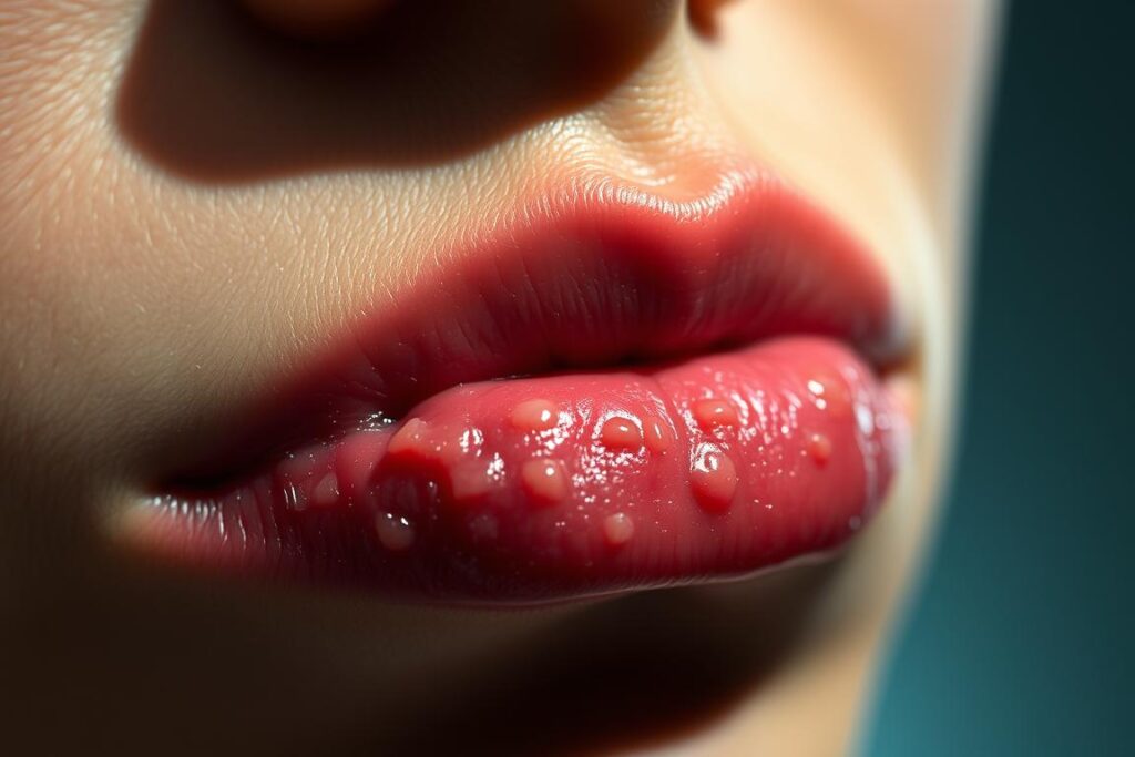 Une vue vivante et rapprochée d'une lèvre humaine avec une infection active par le virus herpès simplex. La peau autour de la lèvre est rouge, enflammée et cloquée, avec des grappes de petites lésions remplies de pus visibles. L'éclairage est doux et diffus, créant de légères ombres qui accentuent les détails texturaux de la zone affectée. La mise au point est nette, attirant l'attention du spectateur sur les signes révélateurs d'une épidémie d'herpès typique. L'ambiance générale est clinique mais empathique, elle traduit le confort et la détresse souvent associés à cette maladie virale commune. Une vue vivante et rapprochée d'une lèvre humaine avec une infection active par le virus herpès simplex. La peau autour de la lèvre est rouge, enflammée et cloquée, avec des grappes de petites lésions remplies de pus visibles. L'éclairage est doux et diffus, créant de légères ombres qui accentuent les détails texturaux de la zone affectée. La mise au point est nette, attirant l'attention du spectateur sur les signes révélateurs d'une épidémie d'herpès typique. L'ambiance générale est clinique mais empathique, elle traduit le confort et la détresse souvent associés à cette maladie virale commune.