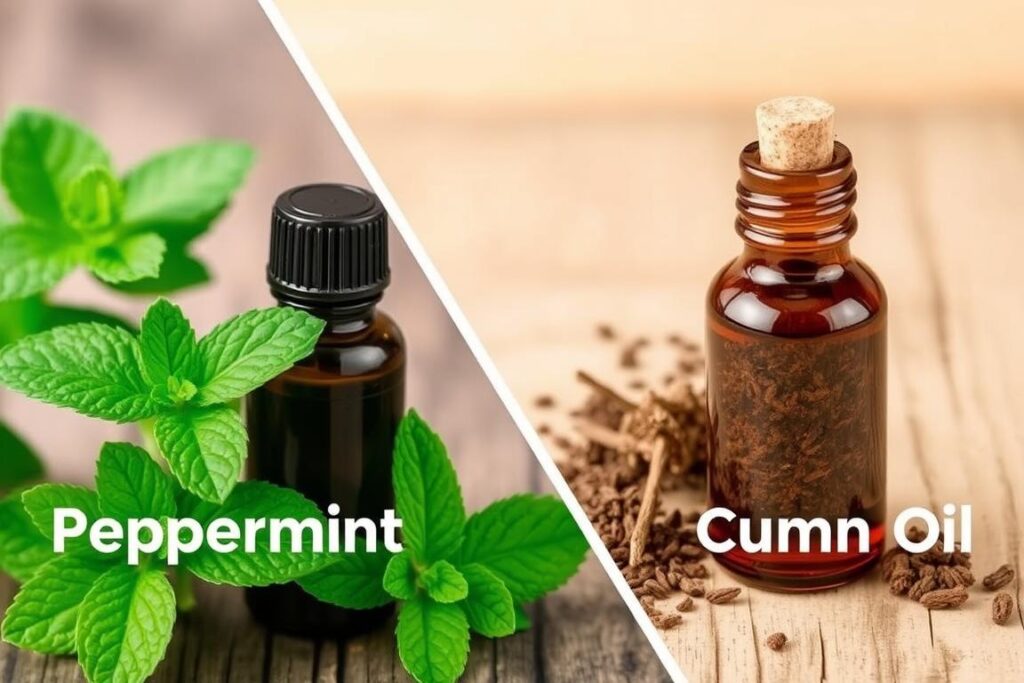 Imagen de aceite de menta y alcaravea utilizado para aliviar las molestias intestinales. Imagen de aceite de menta y alcaravea utilizado para aliviar las molestias intestinales.