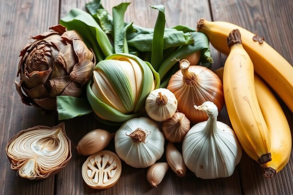 Ein Bild von verschiedenen präbiotischen Lebensmitteln wie Chicorée, Topinambur, Zwiebeln, Knoblauch und Bananen. Ein Bild von verschiedenen präbiotischen Lebensmitteln wie Chicorée, Topinambur, Zwiebeln, Knoblauch und Bananen.