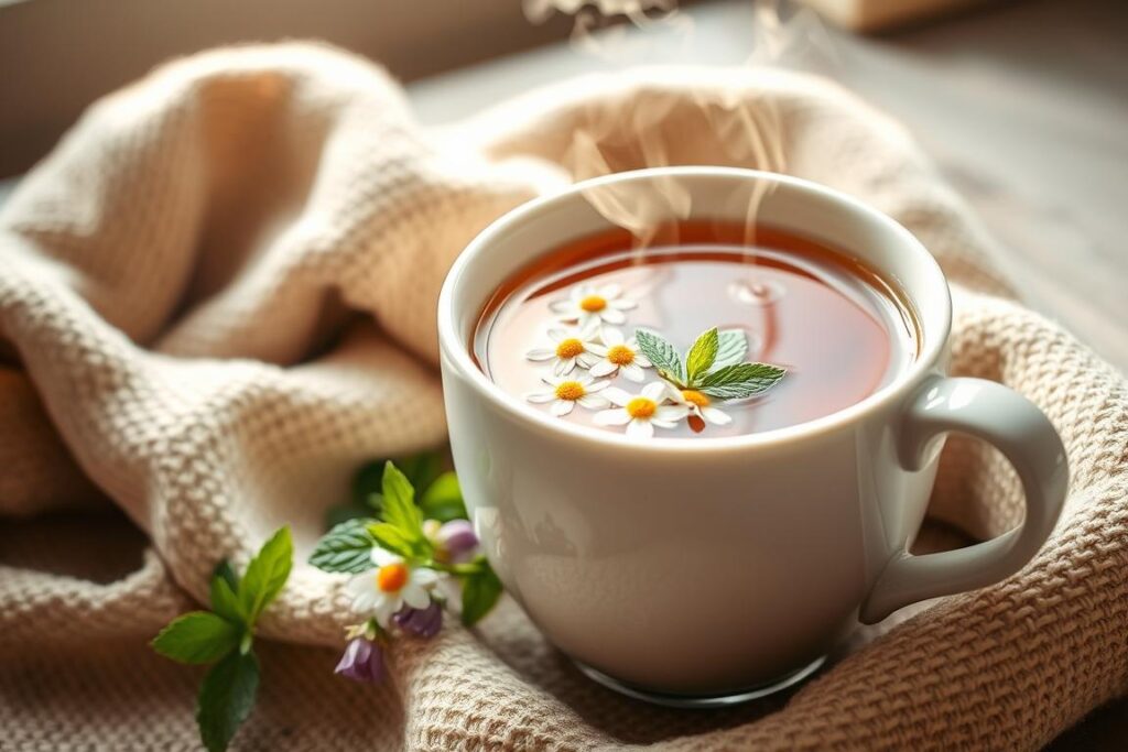 Eine Tasse Tee mit Pfefferminze oder Kamille Eine Tasse Tee mit Pfefferminze oder Kamille