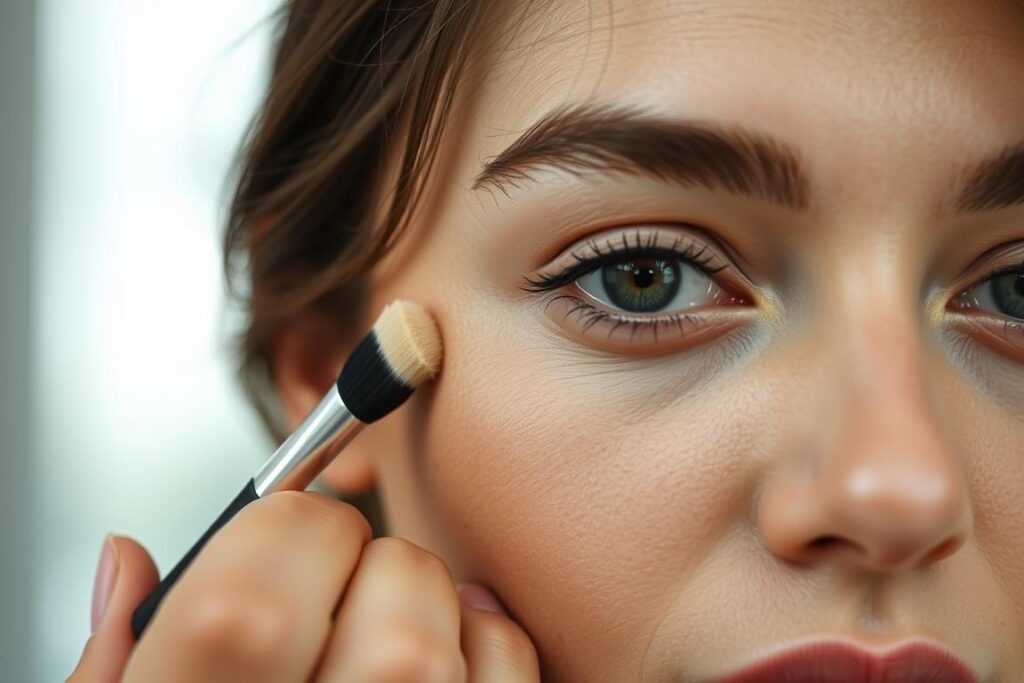 Image d'une femme appliquant du correcteur sur une tache de pigment sur son visage Image d'une femme appliquant du correcteur sur une tache de pigment sur son visage
